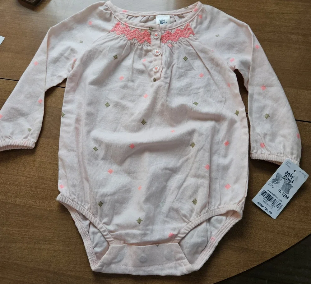 NWT Oshkosh Bodysuit 9-12 Month smocked Baby Girl Clothes New Pink Embroidered